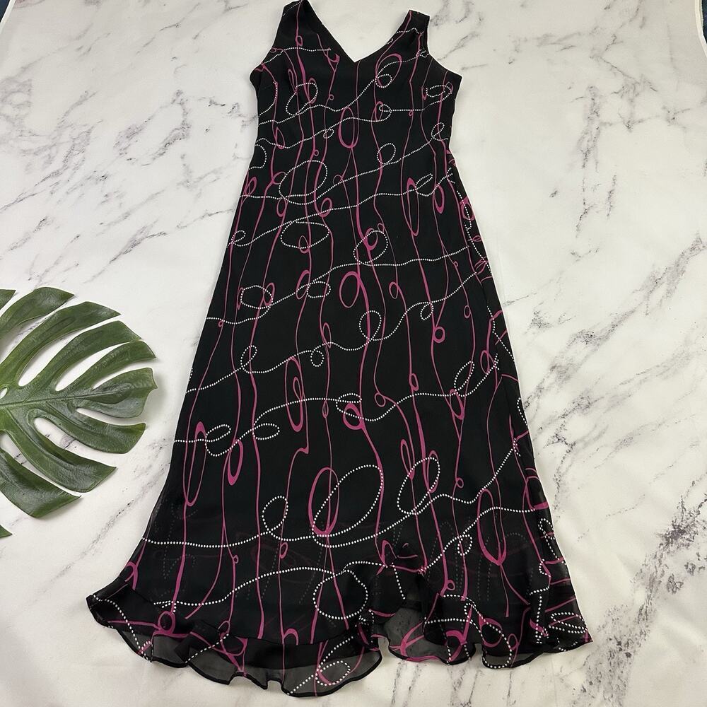 Mary McFadden Womens Vintage Y2k Slip Dress Size 14 Black Pink Swirl Print